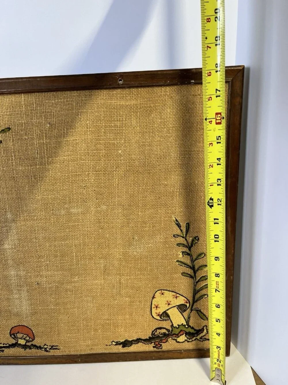 Vintage Retro Mushroom Bulletin Memo Board Burlap Framed Wall Hanging